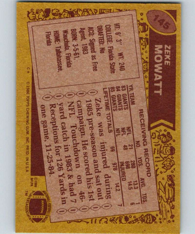 1986 Topps #145 Zeke Mowatt NY Giants NFL Football Image 2