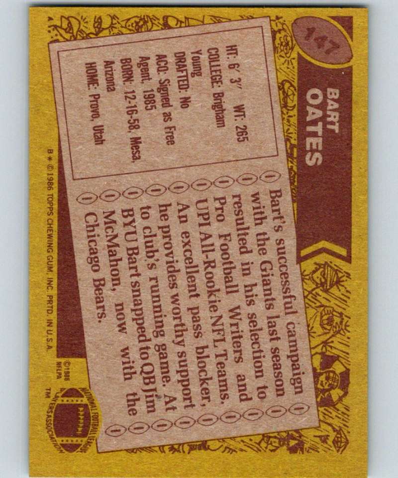 1986 Topps #147 Bart Oates RC Rookie NY Giants NFL Football Image 2