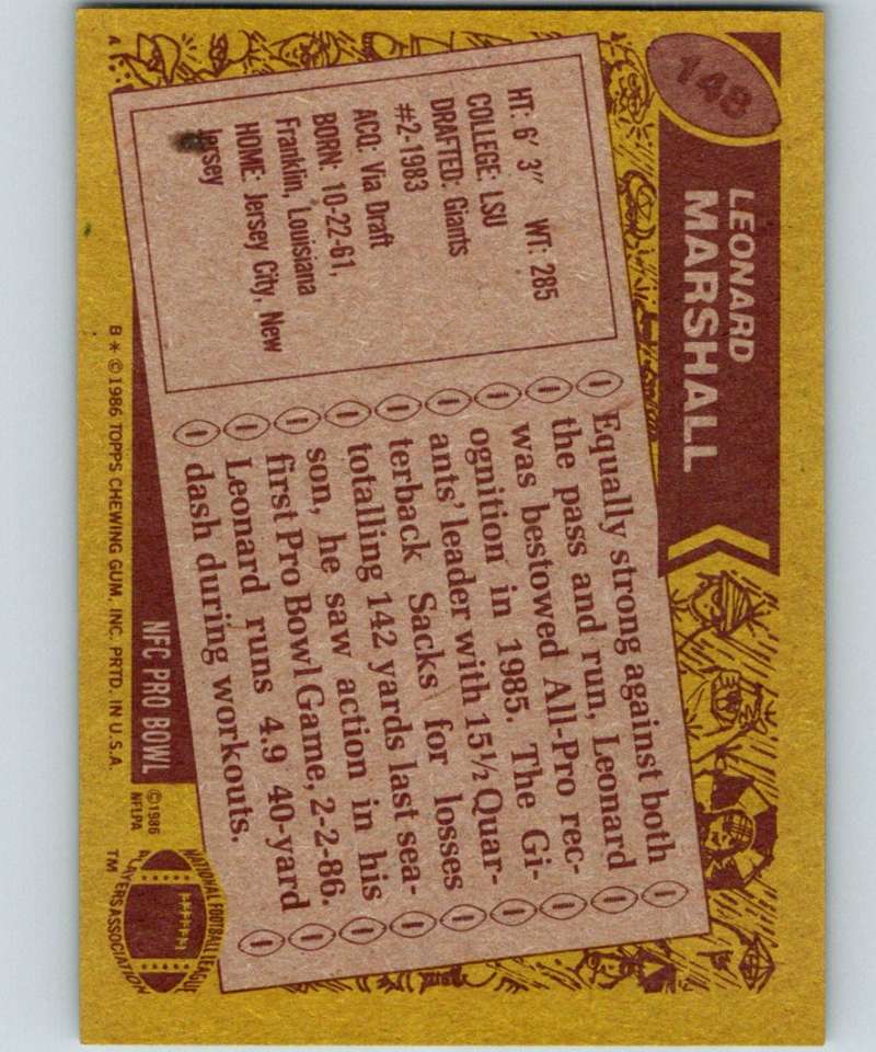 1986 Topps #148 Leonard Marshall RC Rookie NY Giants NFL Football Image 2
