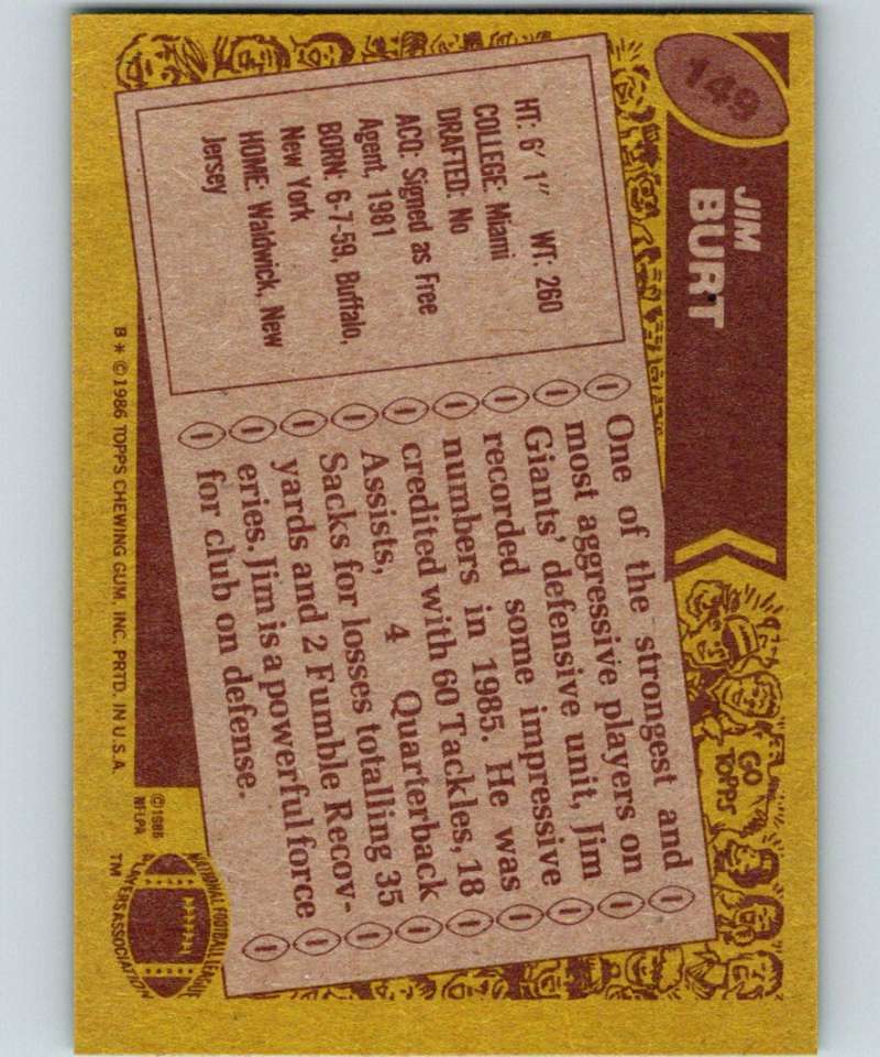 1986 Topps #149 Jim Burt NY Giants NFL Football Image 2