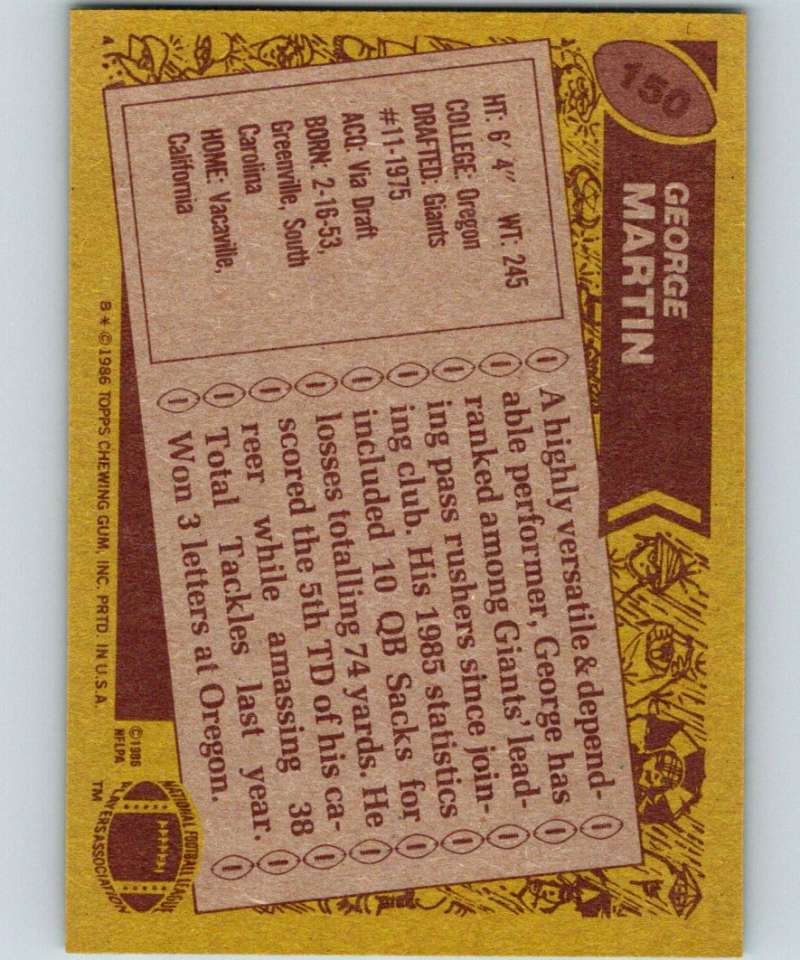 1986 Topps #150 George Martin NY Giants NFL Football Image 2