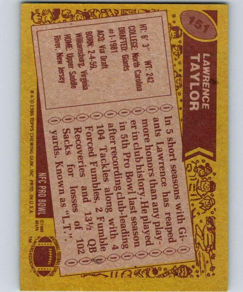 1986 Topps #151 Lawrence Taylor NY Giants NFL Football