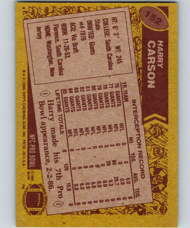 1986 Topps #152 Harry Carson NY Giants NFL Football Image 2