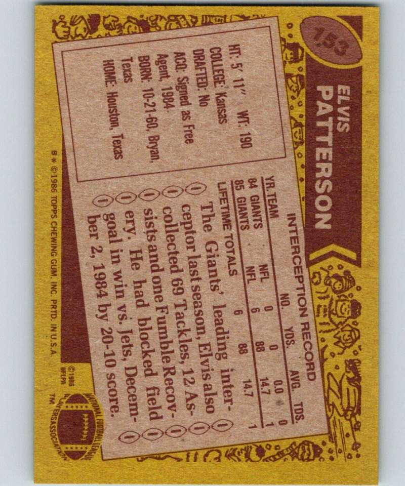 1986 Topps #153 Elvis Patterson RC Rookie NY Giants NFL Football Image 2