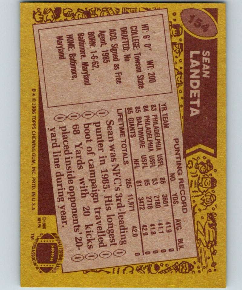 1986 Topps #154 Sean Landeta RC Rookie NY Giants NFL Football Image 2