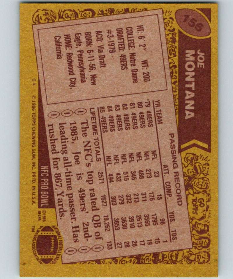 1986 Topps #156 Joe Montana 49ers NFL Football