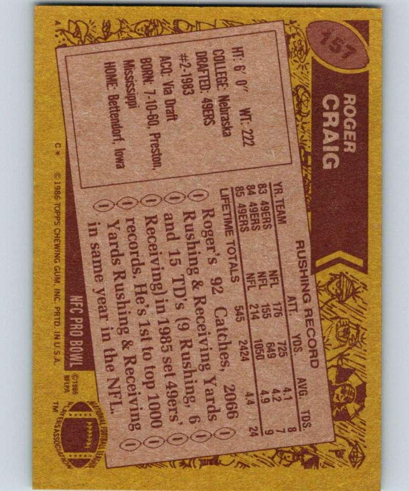 1986 Topps #157 Roger Craig 49ers NFL Football