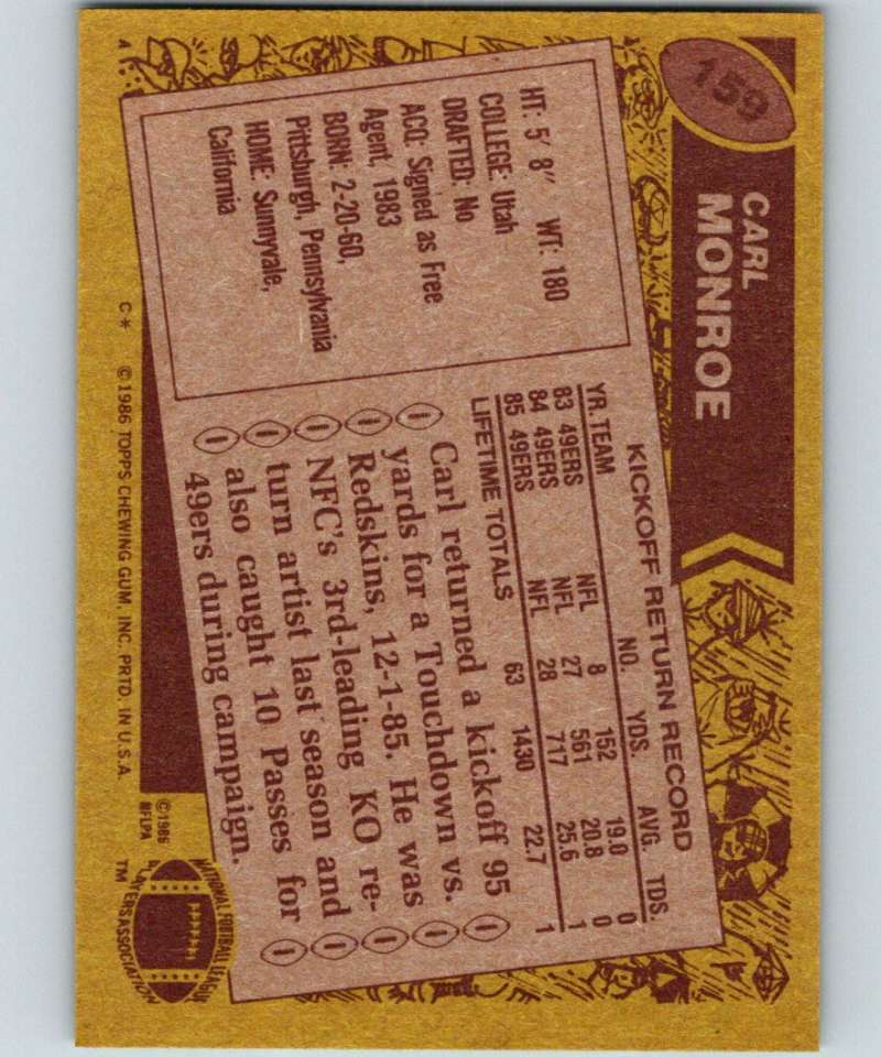 1986 Topps #159 Carl Monroe 49ers NFL Football Image 2