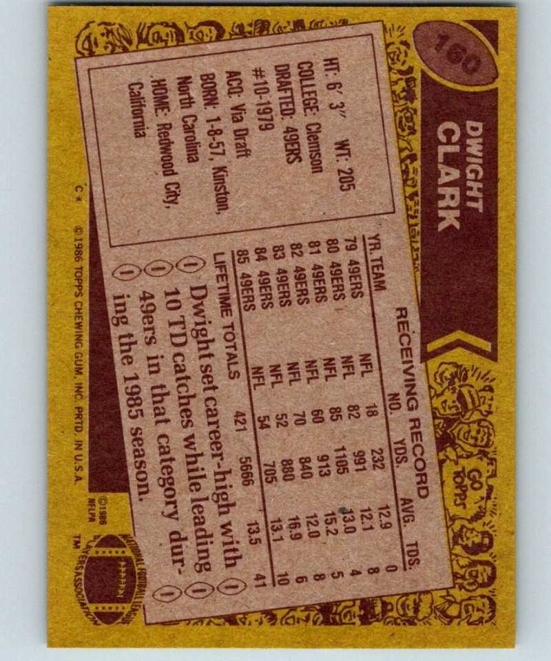 1986 Topps #160 Dwight Clark 49ers NFL Football