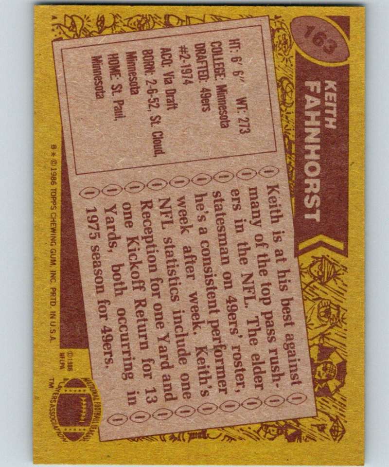1986 Topps #163 Keith Fahnhorst 49ers NFL Football Image 2