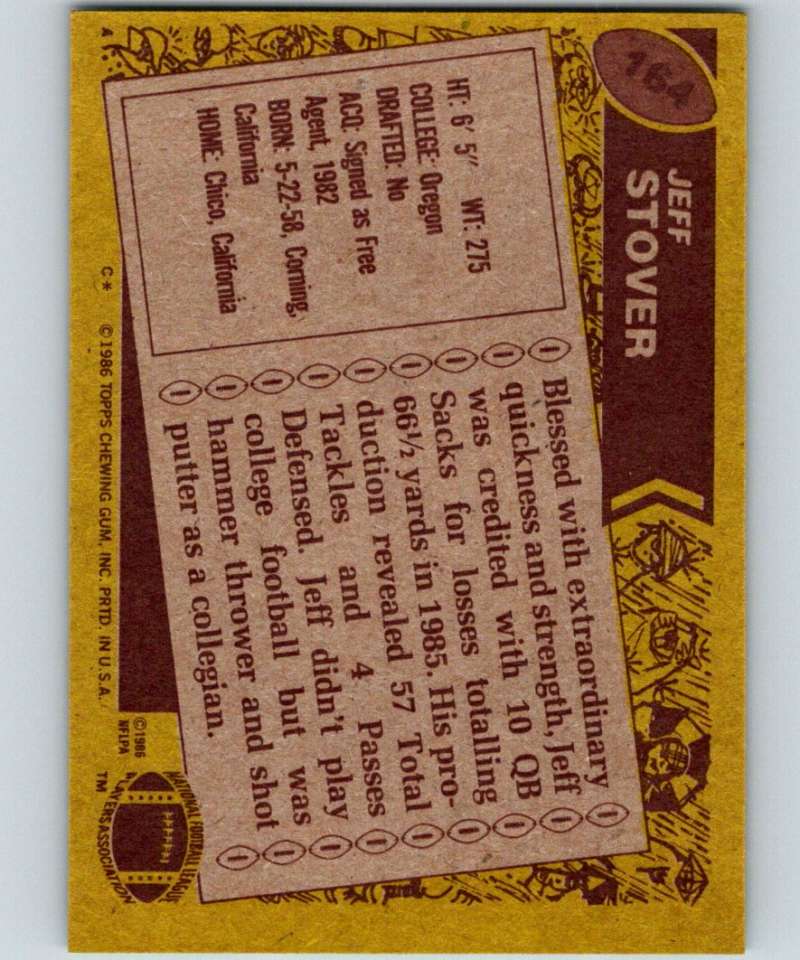 1986 Topps #164 Jeff Stover 49ers NFL Football Image 2