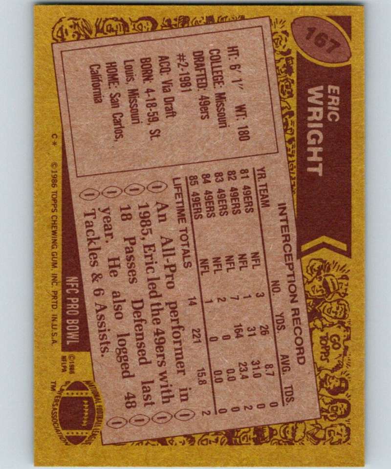 1986 Topps #167 Eric Wright 49ers NFL Football Image 2