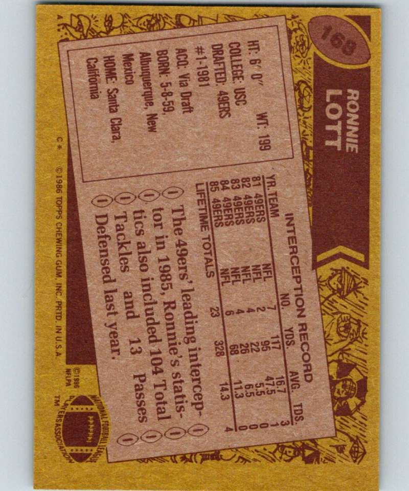 1986 Topps #168 Ronnie Lott 49ers NFL Football Image 2