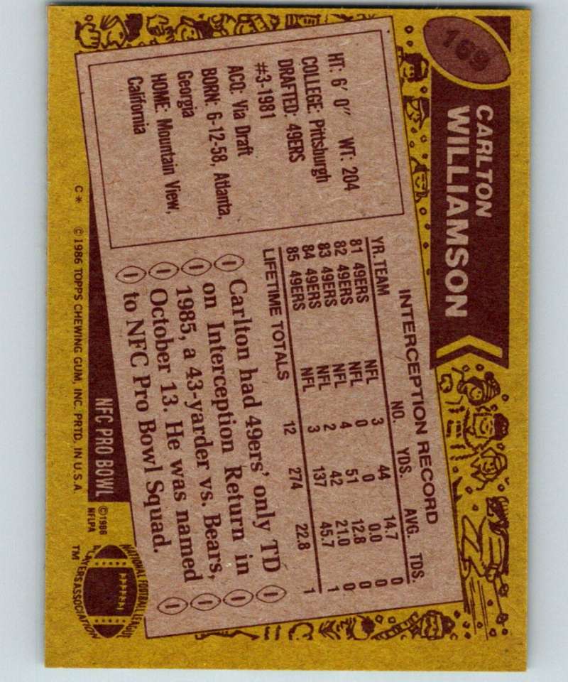 1986 Topps #169 Carlton Williamson 49ers NFL Football