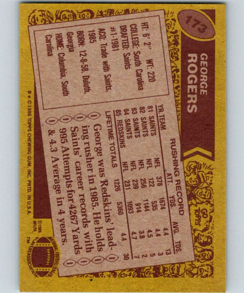 1986 Topps #173 George Rogers Redskins NFL Football
