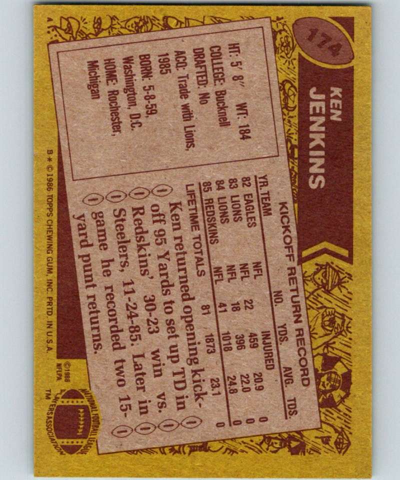 1986 Topps #174 Ken Jenkins Redskins NFL Football