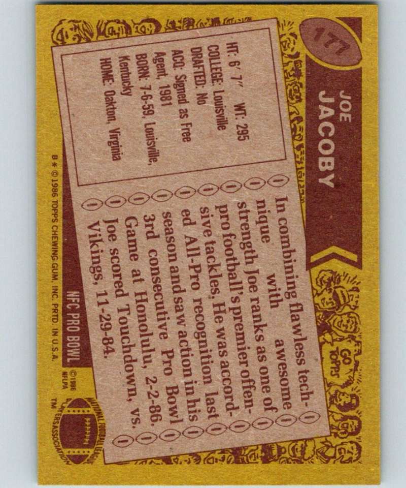 1986 Topps #177 Joe Jacoby Redskins NFL Football