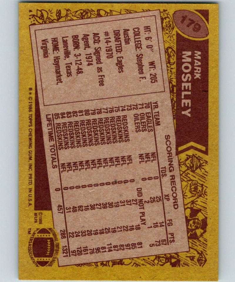 1986 Topps #179 Mark Moseley Redskins NFL Football