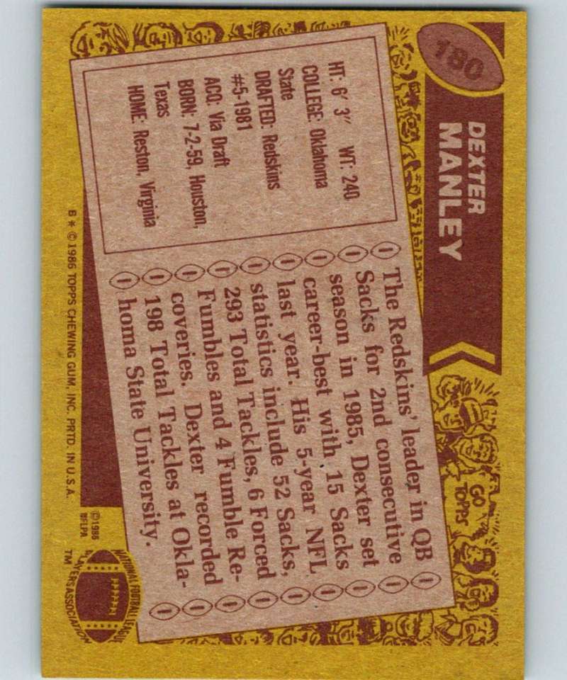 1986 Topps #180 Dexter Manley Redskins NFL Football