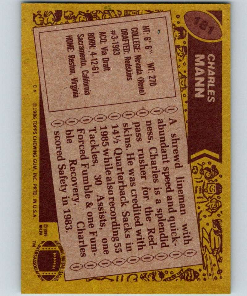 1986 Topps #181 Charles Mann RC Rookie Redskins NFL Football