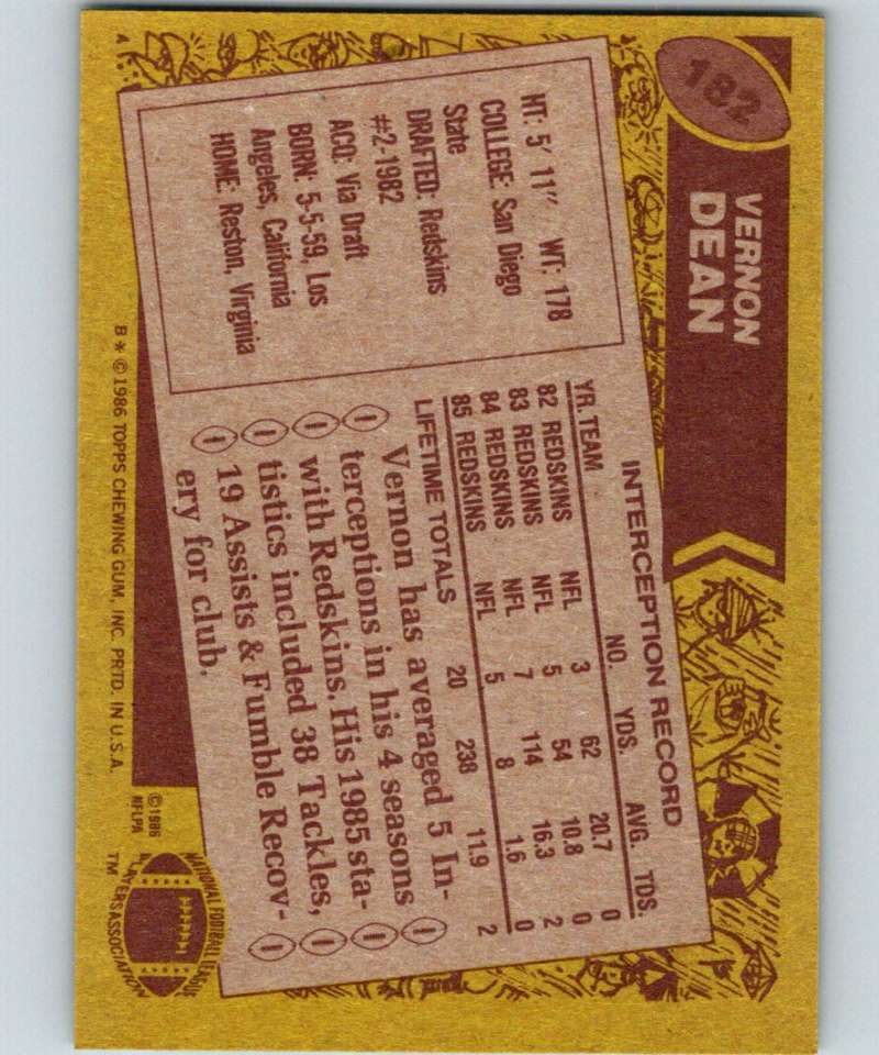 1986 Topps #182 Vernon Dean Redskins NFL Football