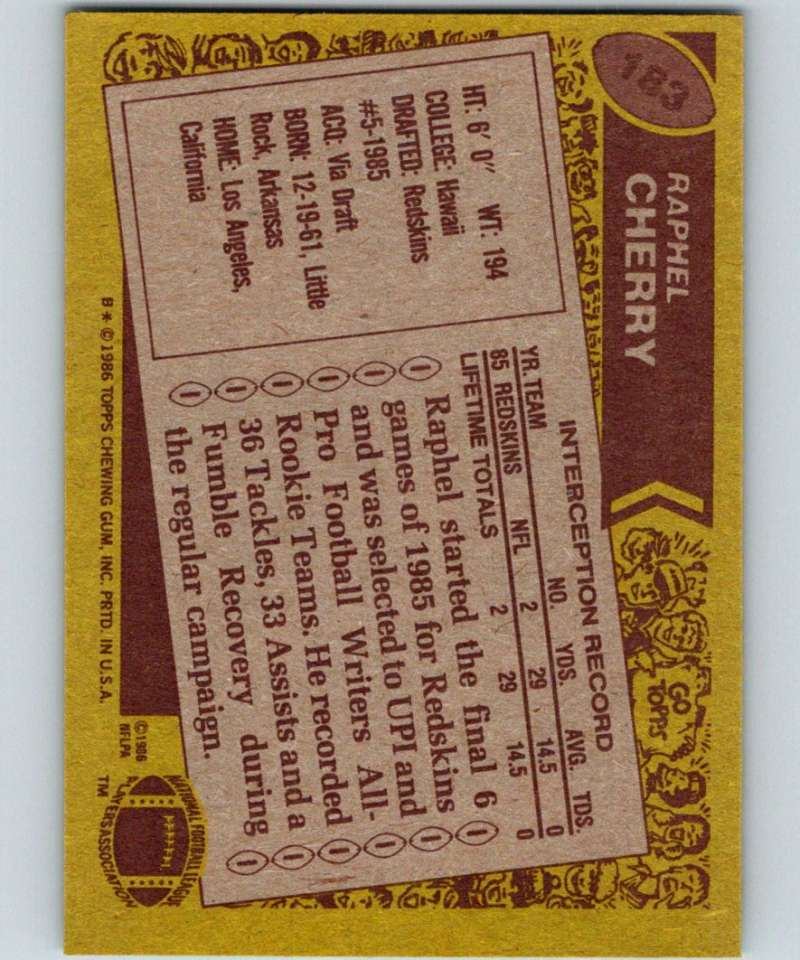 1986 Topps #183 Raphel Cherry RC Rookie Redskins NFL Football