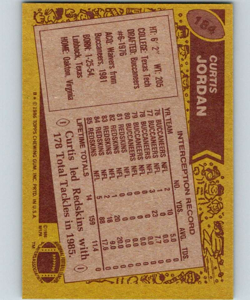 1986 Topps #184 Curtis Jordan Redskins NFL Football