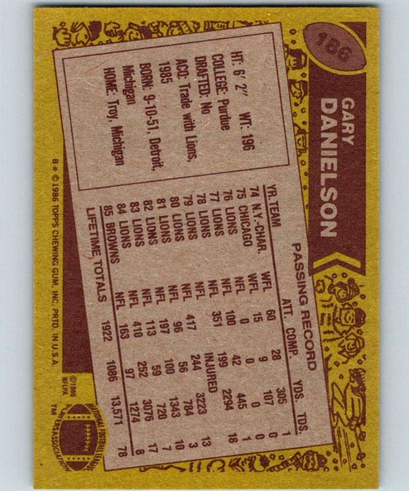1986 Topps #186 Gary Danielson Browns NFL Football Image 2