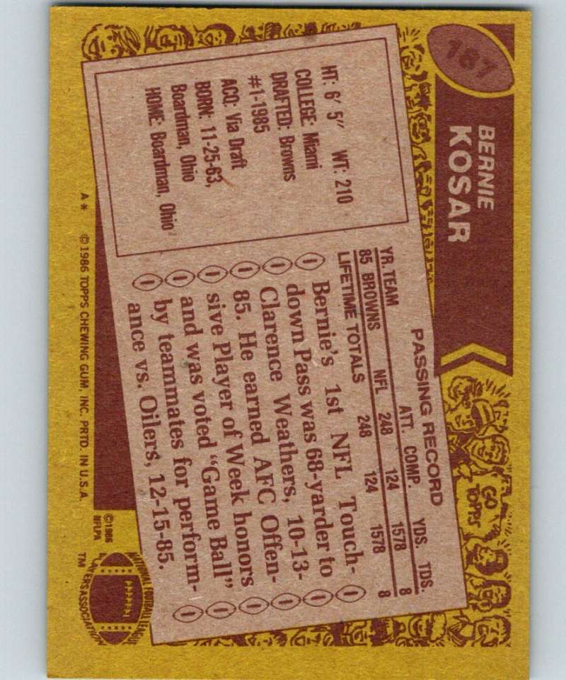 1986 Topps #187 Bernie Kosar RC Rookie Browns NFL Football