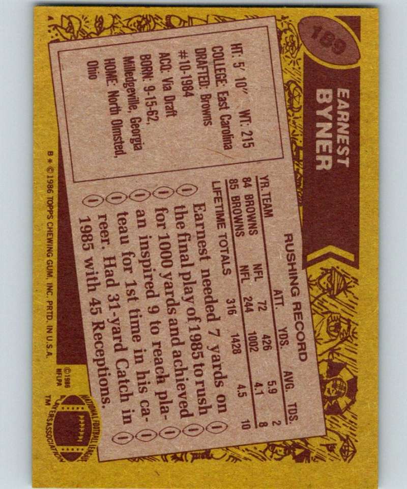 1986 Topps #189 Earnest Byner RC Rookie Browns NFL Football