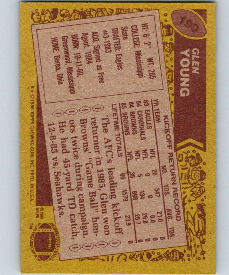 1986 Topps #190 Glen Young Browns NFL Football Image 2