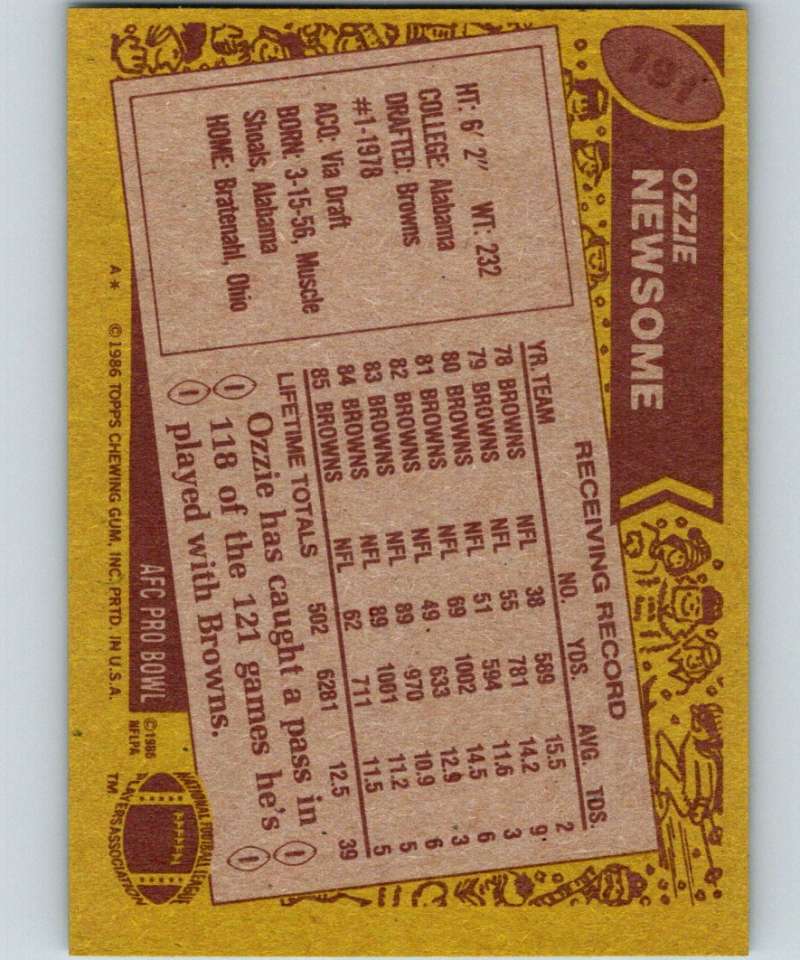 1986 Topps #191 Ozzie Newsome Browns NFL Football