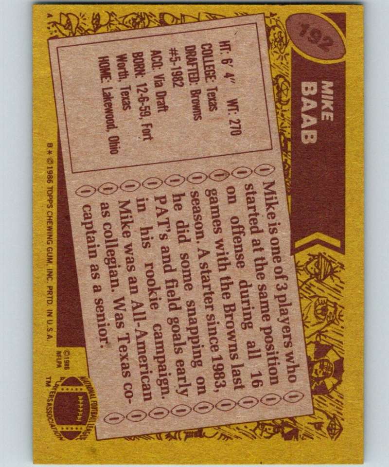 1986 Topps #192 Mike Baab Browns NFL Football Image 2