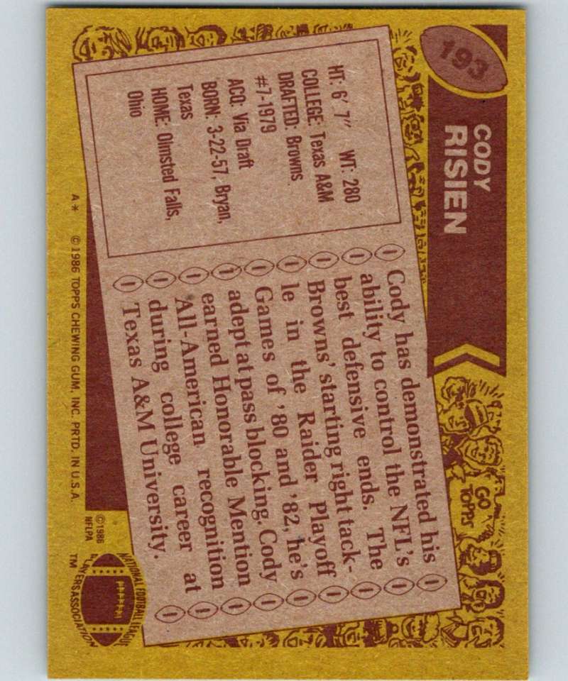 1986 Topps #193 Cody Risien Browns NFL Football Image 2