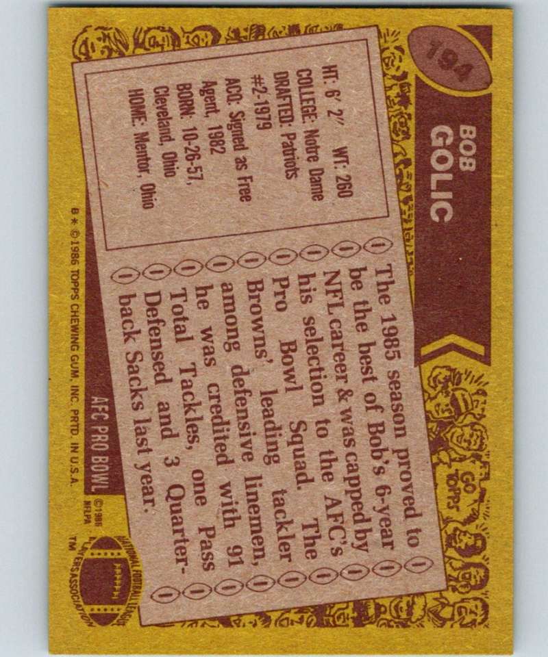 1986 Topps #194 Bob Golic Browns NFL Football Image 2