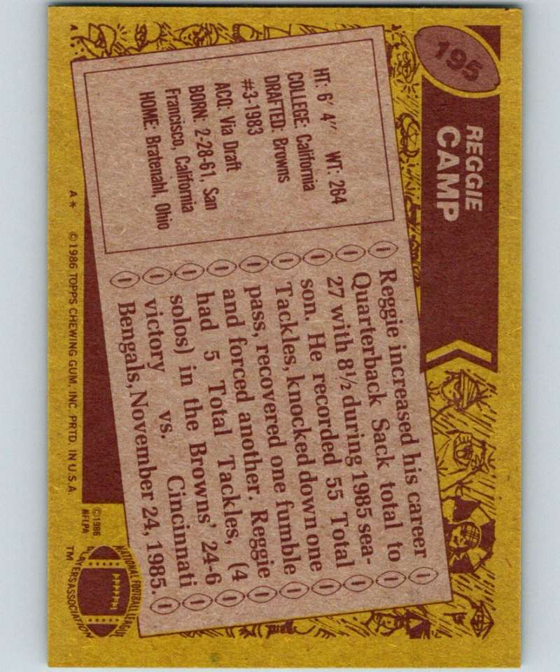 1986 Topps #195 Reggie Camp Browns NFL Football Image 2