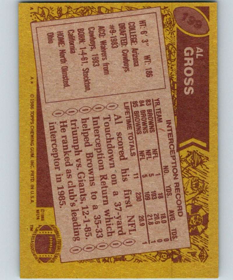 1986 Topps #199 Al Gross Browns NFL Football Image 2