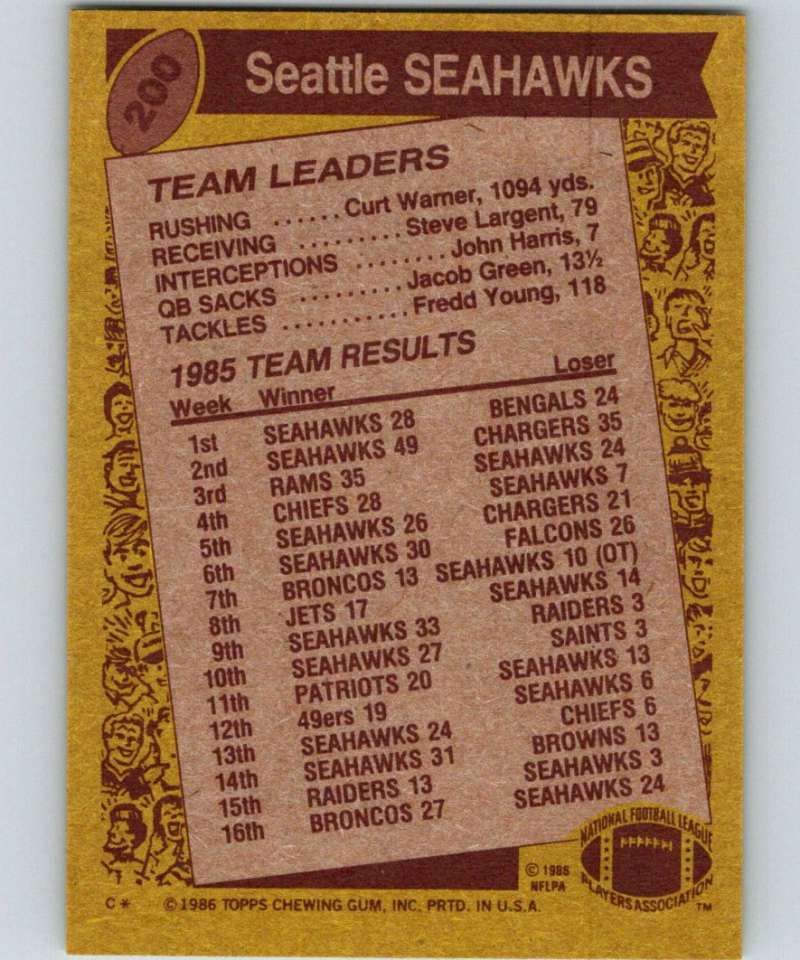 1986 Topps #200 Curt Warner Seahawks TL NFL Football Image 2
