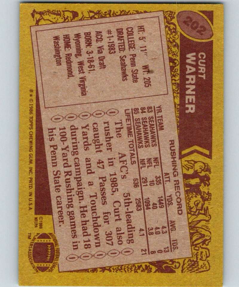 1986 Topps #202 Curt Warner Seahawks NFL Football
