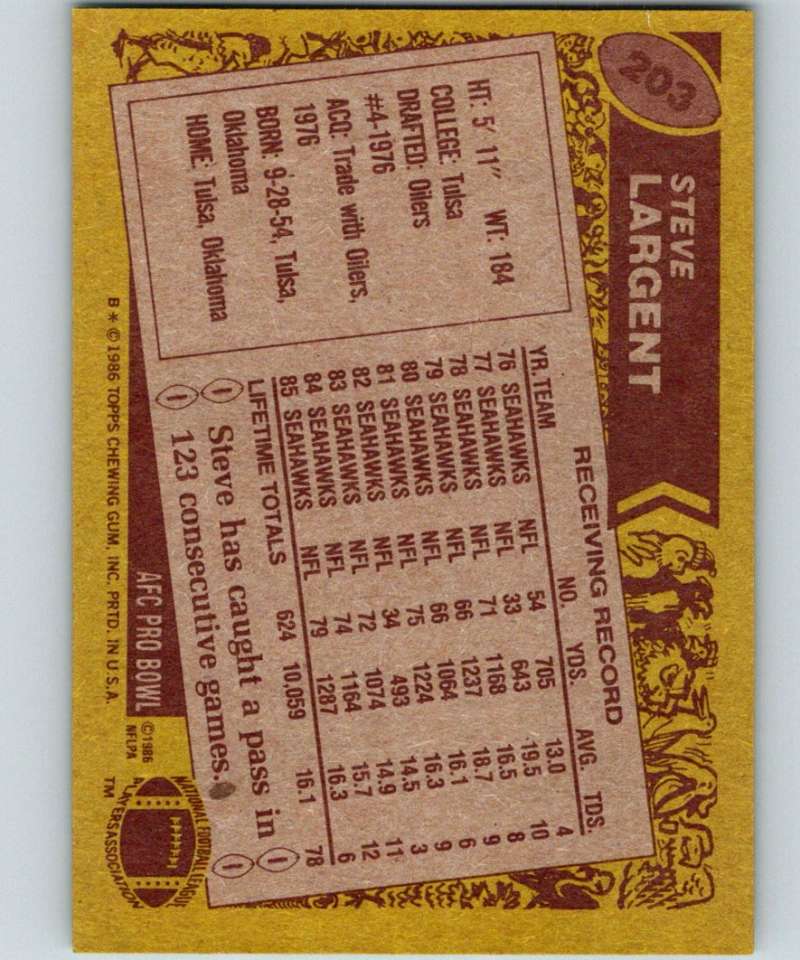 1986 Topps #203 Steve Largent Seahawks NFL Football