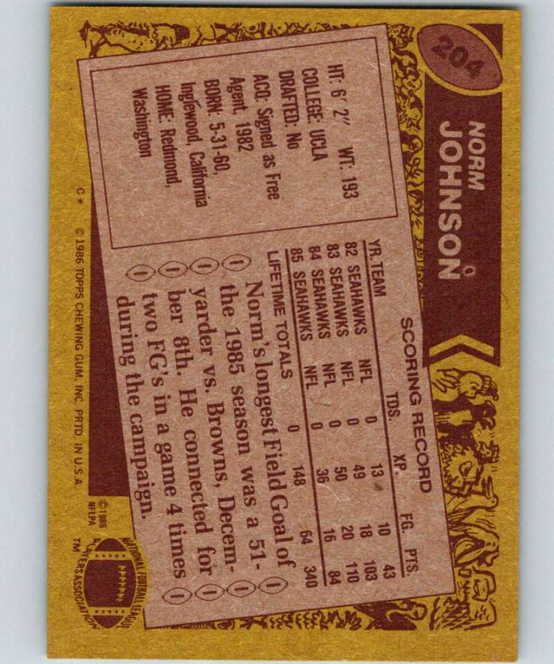 1986 Topps #204 Norm Johnson Seahawks NFL Football Image 2