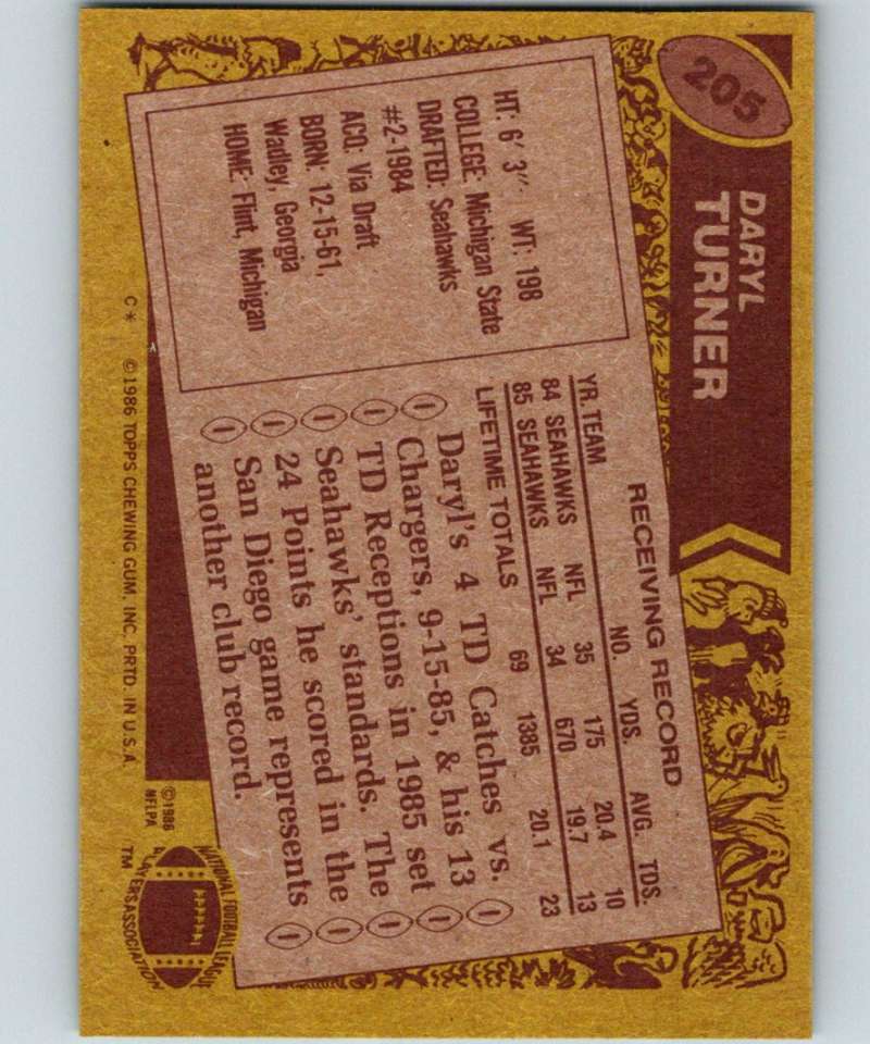1986 Topps #205 Daryl Turner Seahawks NFL Football