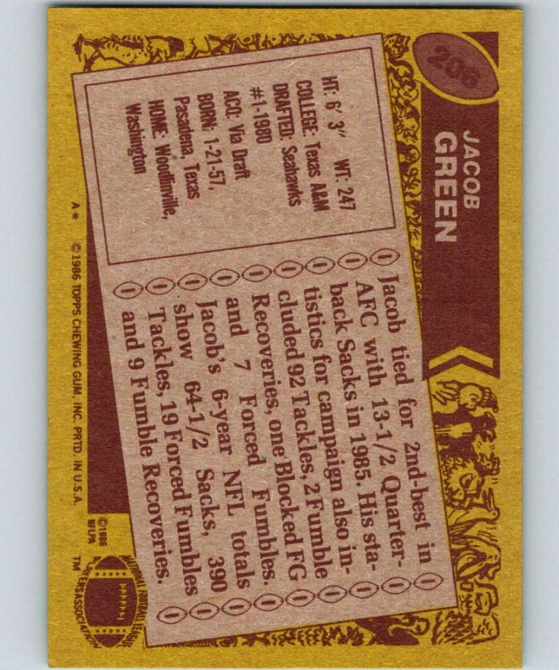 1986 Topps #206 Jacob Green Seahawks NFL Football Image 2