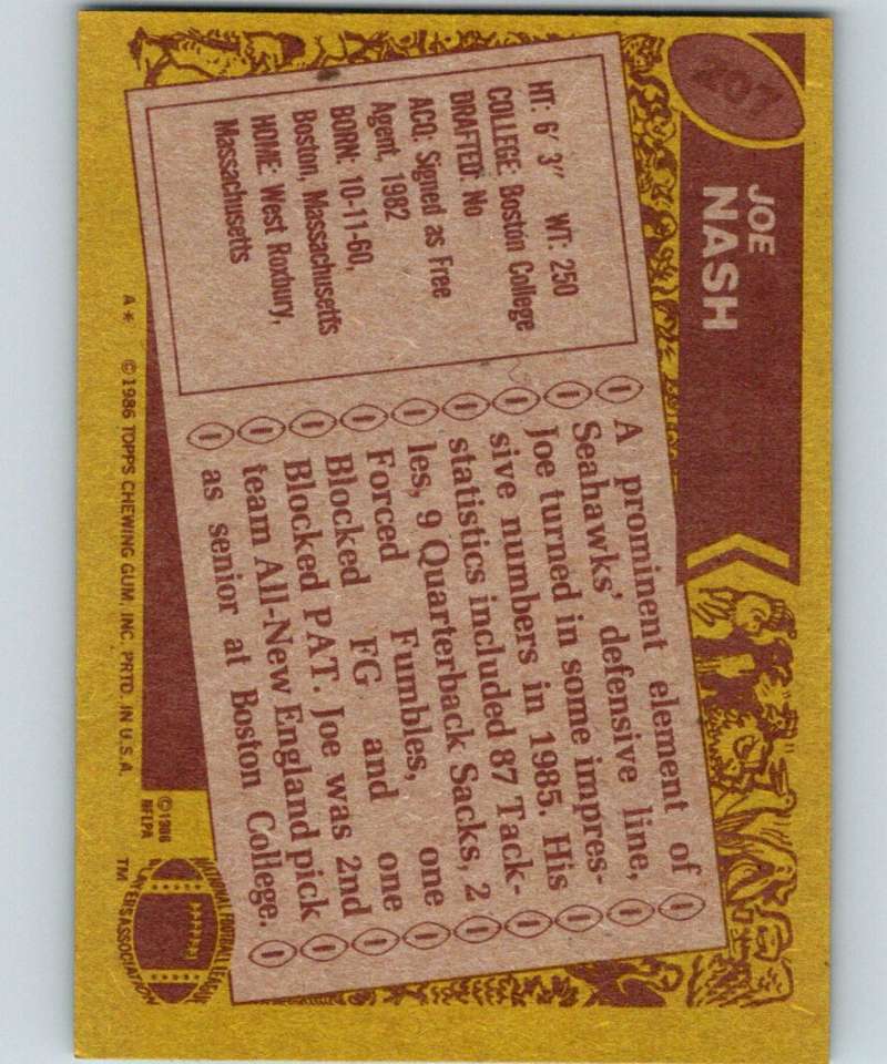 1986 Topps #207 Joe Nash Seahawks NFL Football Image 2