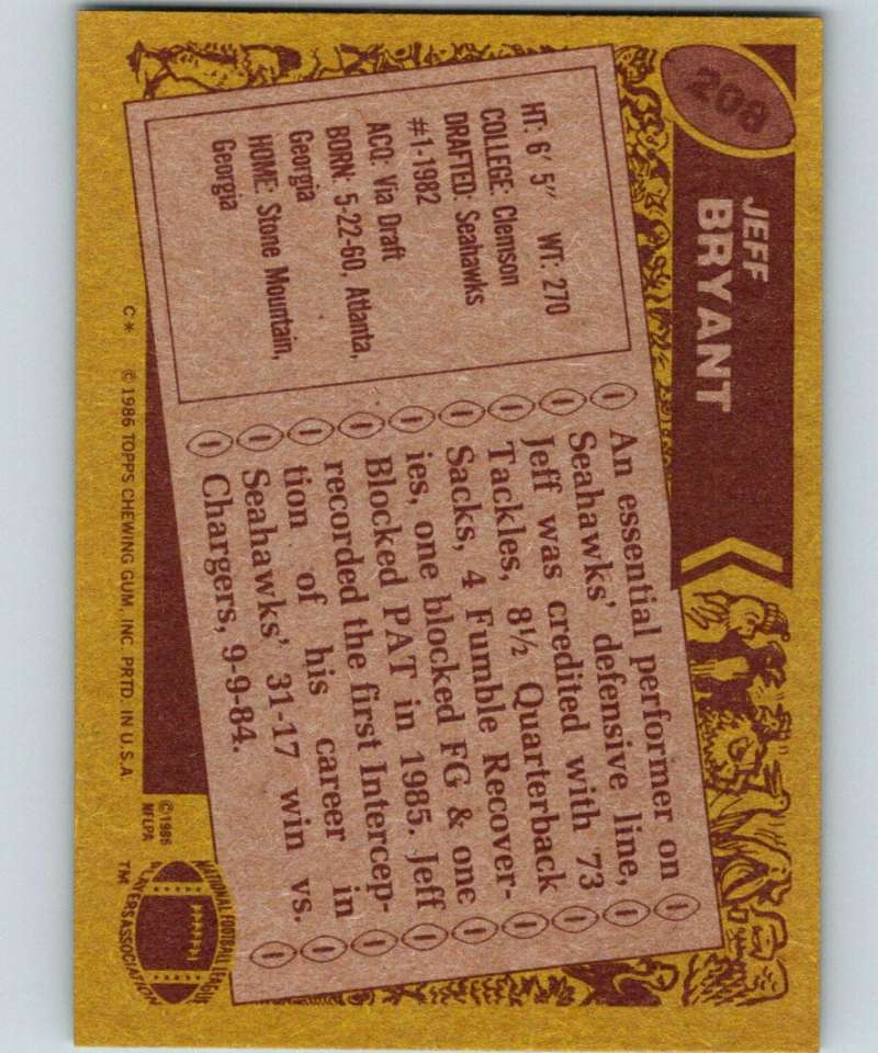 1986 Topps #208 Jeff Bryant Seahawks NFL Football