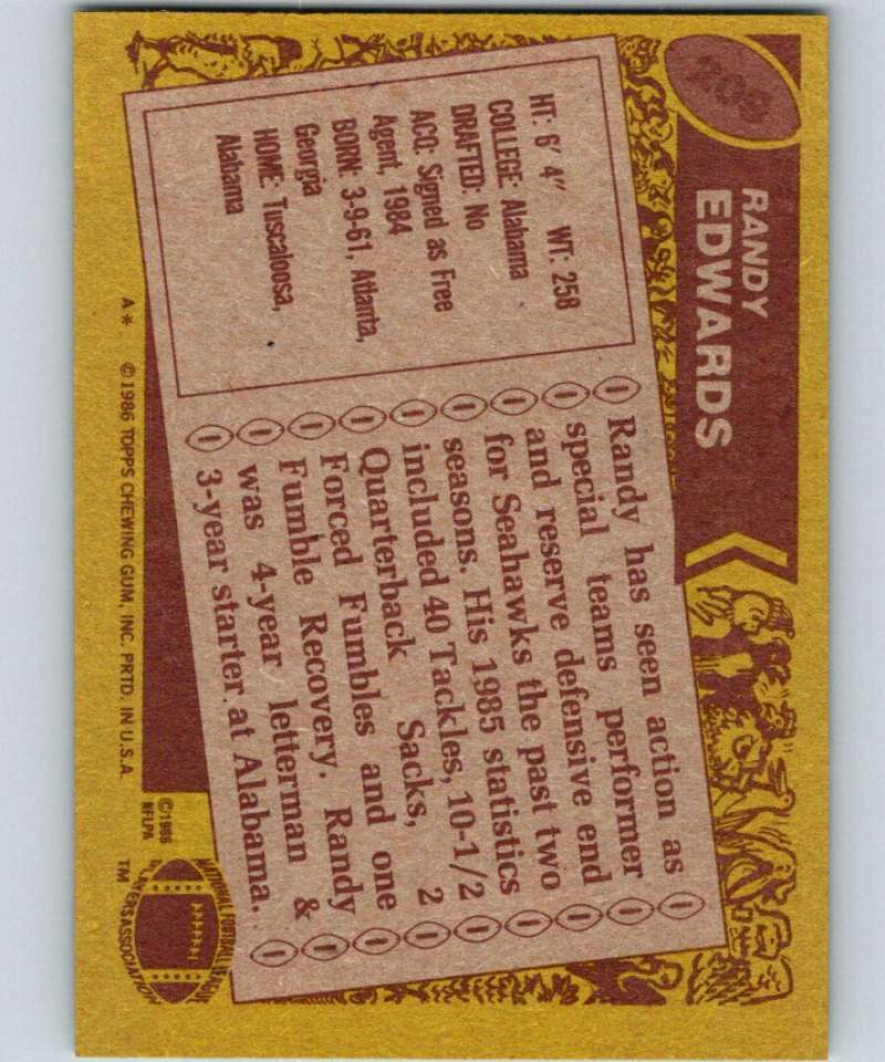 1986 Topps #209 Randy Edwards Seahawks NFL Football