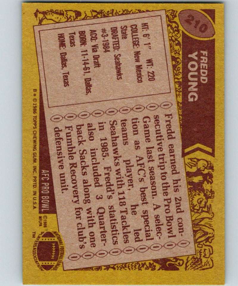 1986 Topps #210 Fredd Young Seahawks NFL Football Image 2