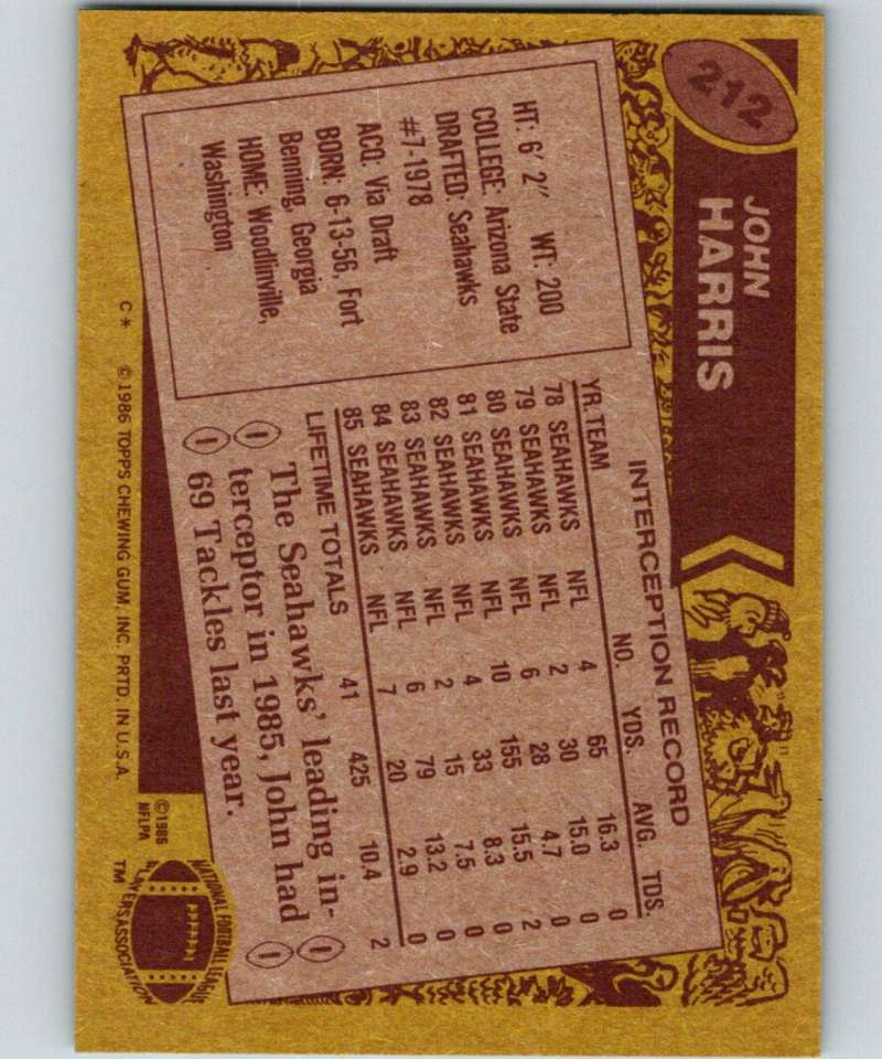 1986 Topps #212 John Harris Seahawks NFL Football