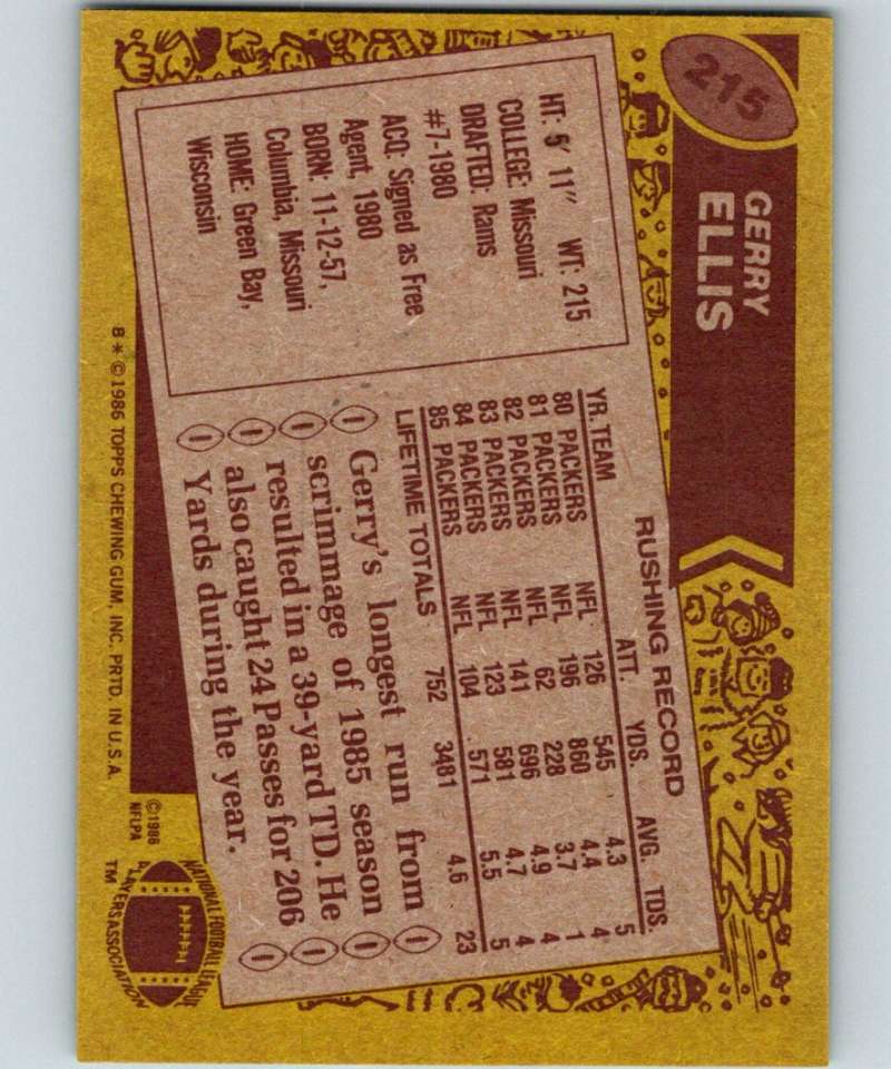 1986 Topps #215 Gerry Ellis Packers NFL Football