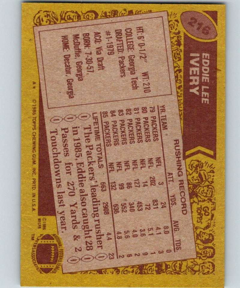 1986 Topps #216 Eddie Lee Ivery Packers NFL Football
